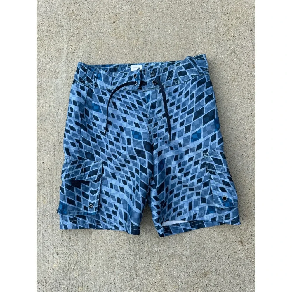 Gymboree Boys‎ Blue Geometric Diamond Board Shorts Swim Trunks Size 5 Pocket